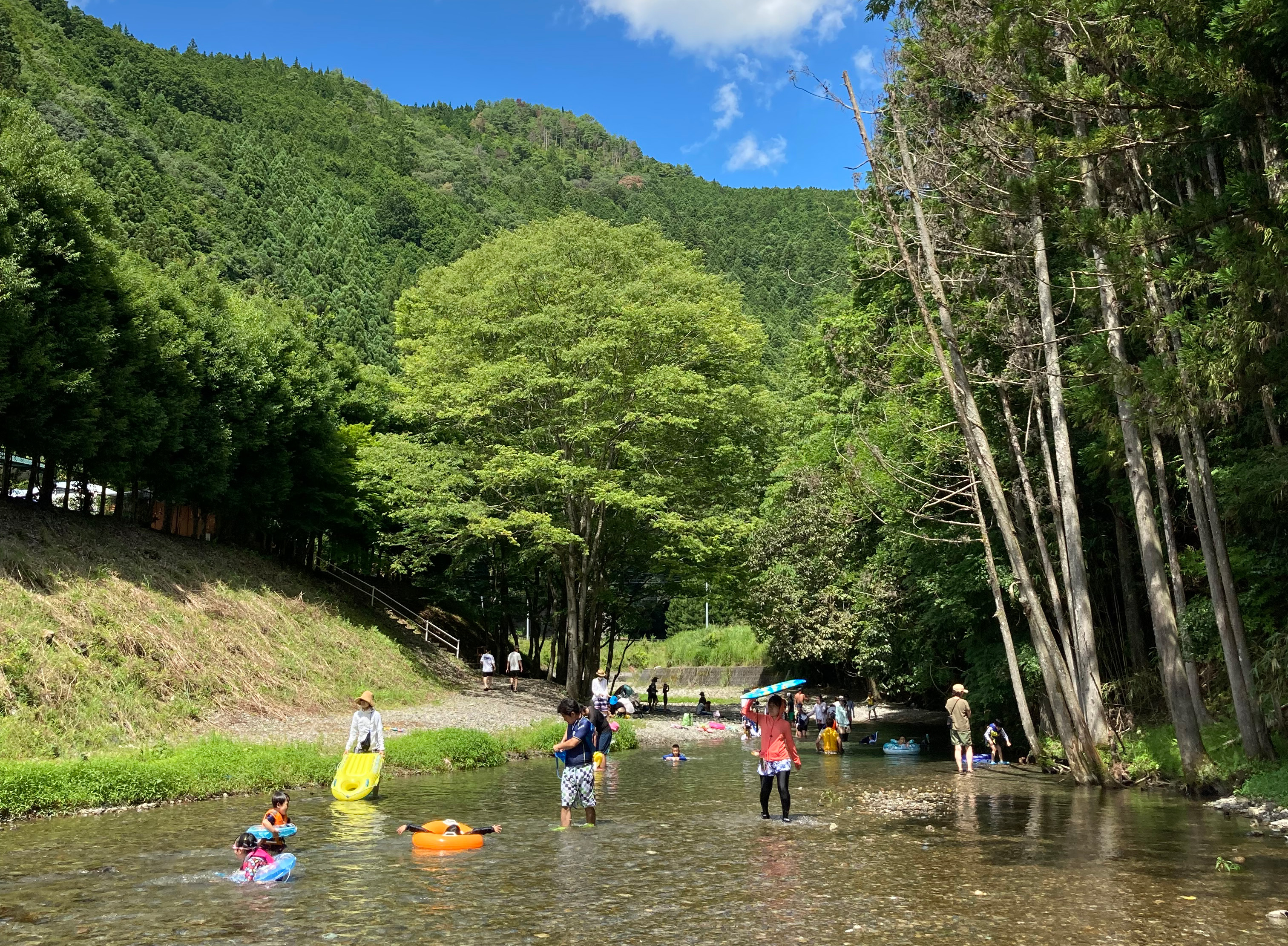 家族で川遊びを楽しんでいる