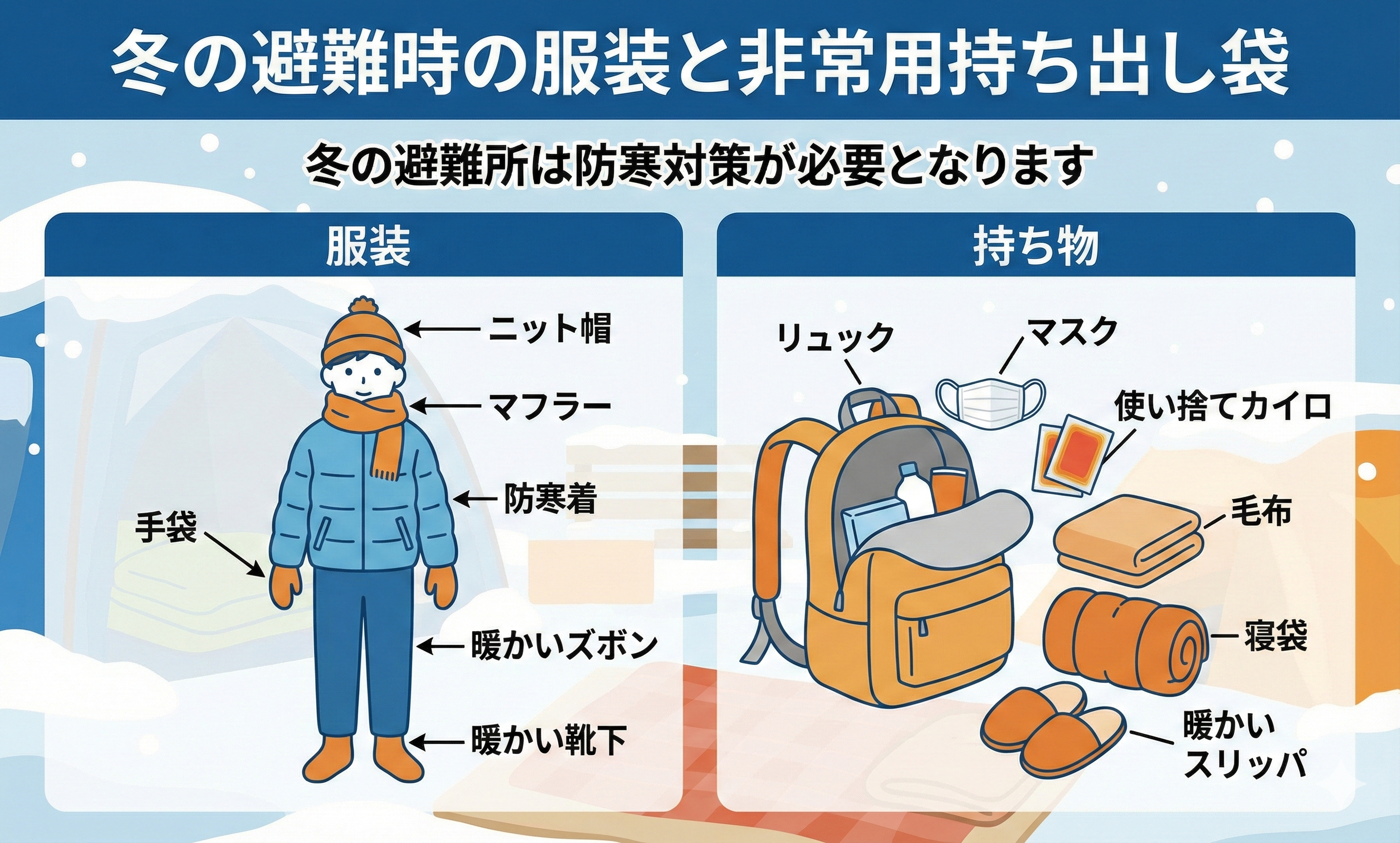 避難時の服装と非常用持ち出し袋